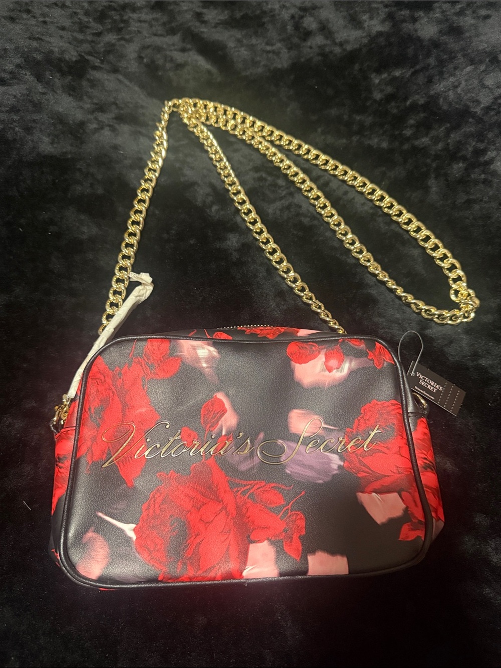Victoria's Secret Black Crossbody Bag with Red Floral Print and Gold Chain